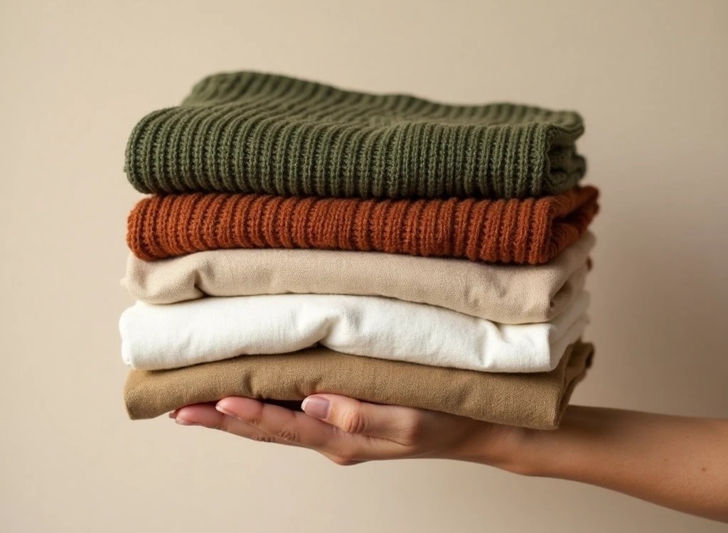A hand holds a neatly folded stack of four sweaters and shirts in green, orange, beige, and white, against a plain beige background.