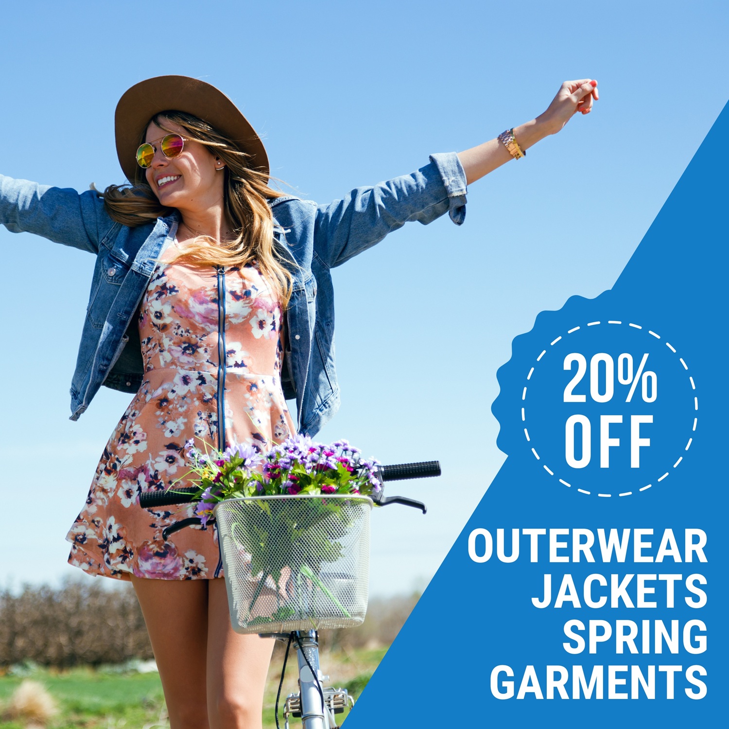Woman in a floral dress and denim jacket stands behind a bicycle with a basket of flowers; text offers 20% off outerwear, jackets, and spring garments.