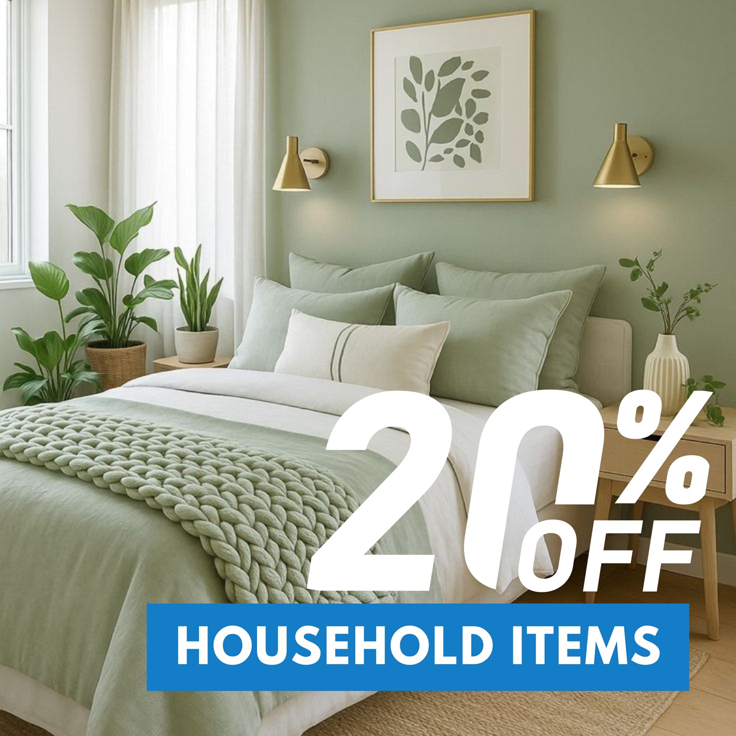 A neatly made bed with green bedding and plants in a bright room; text overlay reads "20% off household items.