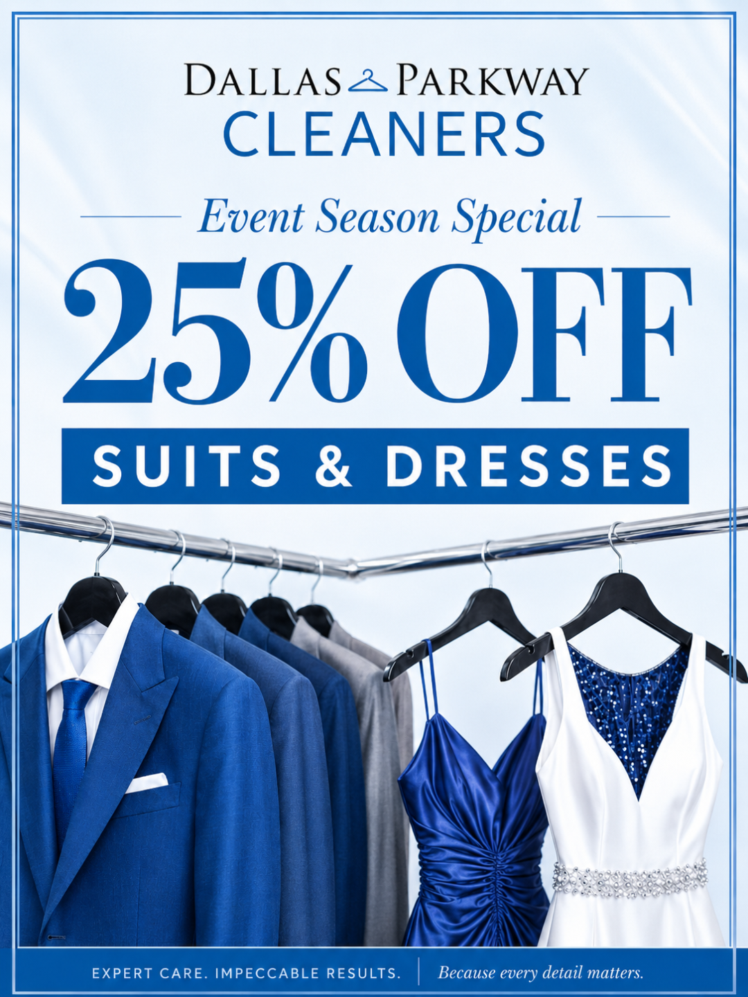 A promotional sign for Dallas Parkway Cleaners offers 25% off suits and dresses, with images of hanging suits and dresses in the background.